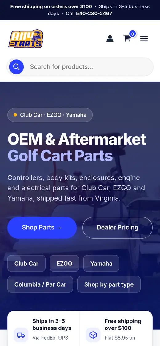 The All 4 Carts home page on a phone