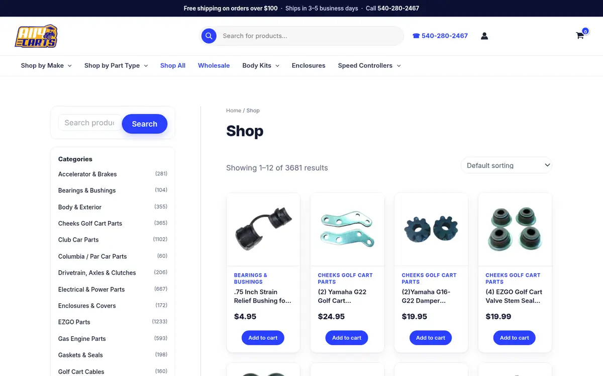 Shop page with category filters on all4carts.com