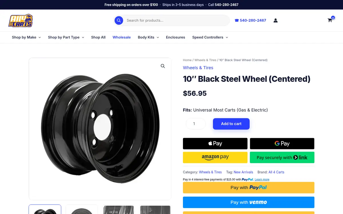Product page with Stripe, Apple Pay and Google Pay on all4carts.com