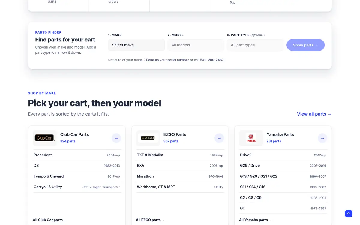 Shop by cart on all4carts.com: pick the make, then the model