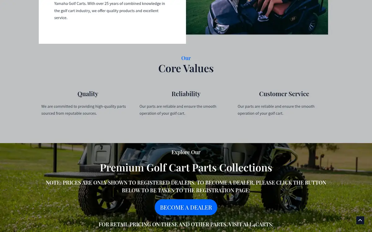 Home page: product collections and the Become a Dealer button on cheeksgolf.net