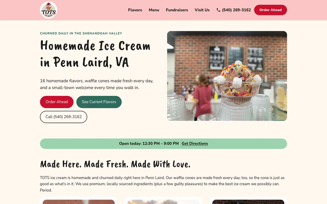 The Tots Ice Cream home page on a laptop