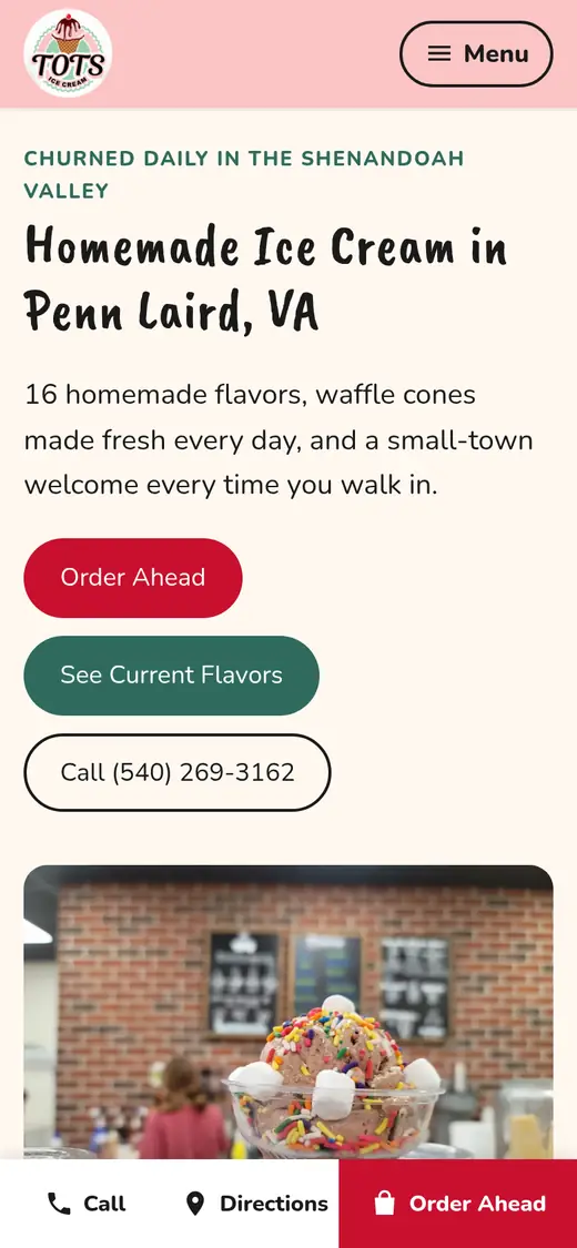 The Tots Ice Cream home page on a phone