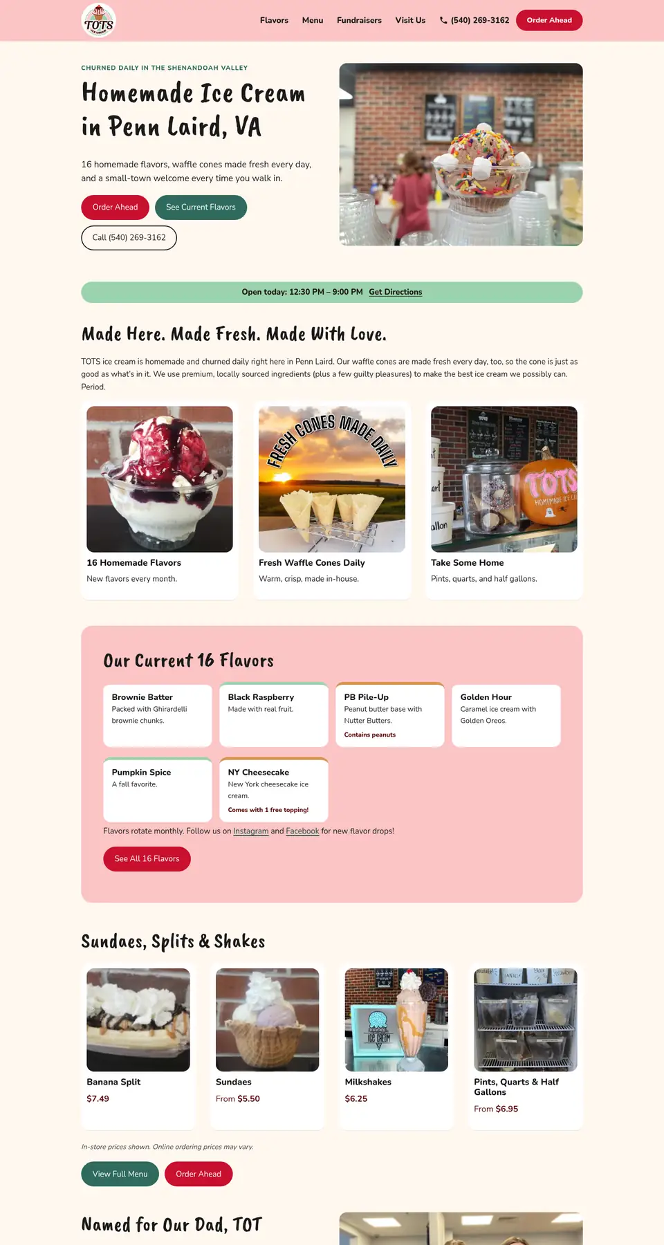 The Tots Ice Cream website home page