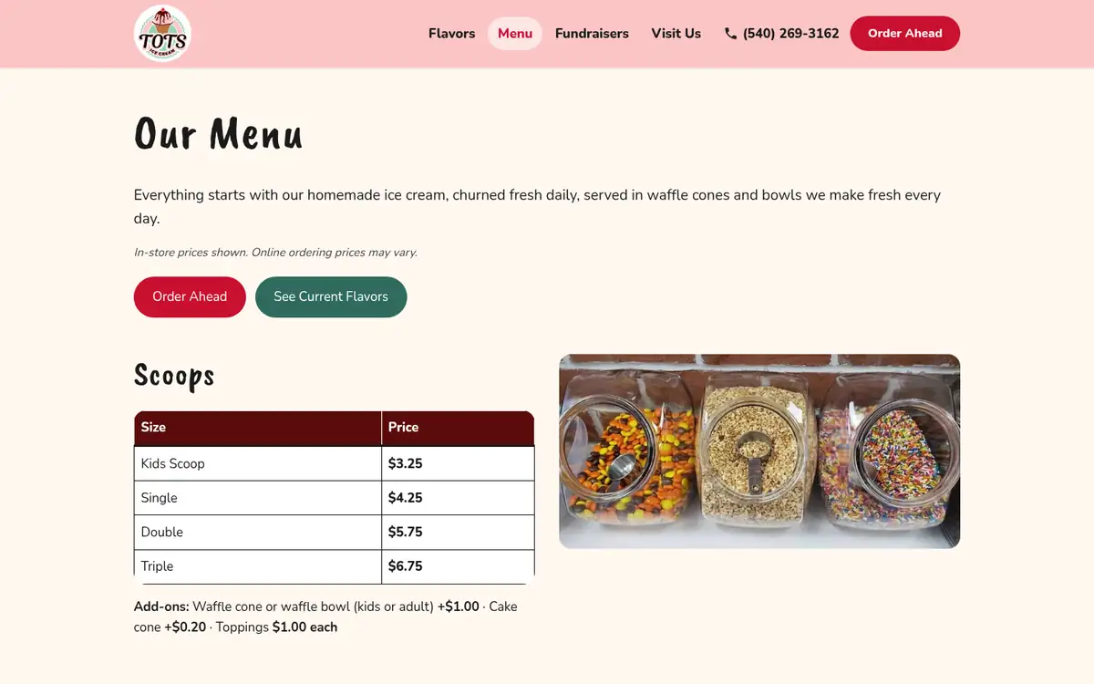 The menu with prices on totsicecream.com