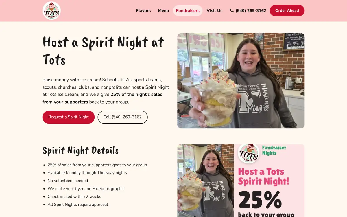 Spirit Night fundraiser sign-up on totsicecream.com