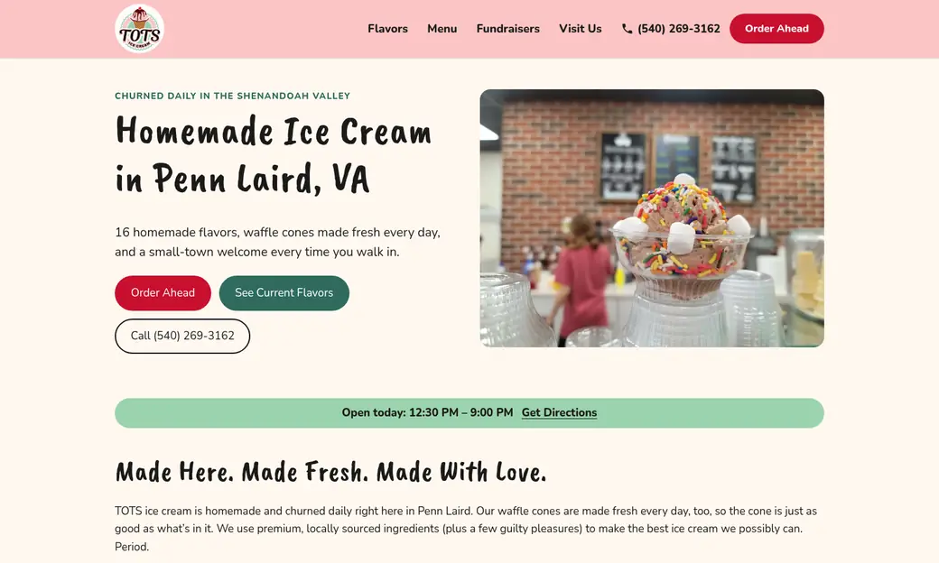 After: the new Tots Ice Cream website