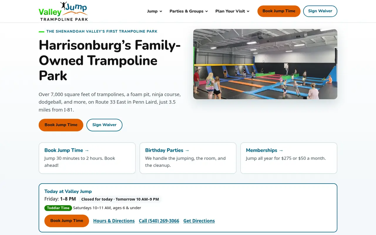 The Valley Jump Park home page on a laptop
