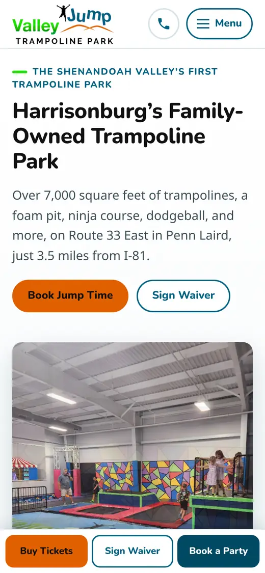 The Valley Jump Park home page on a phone