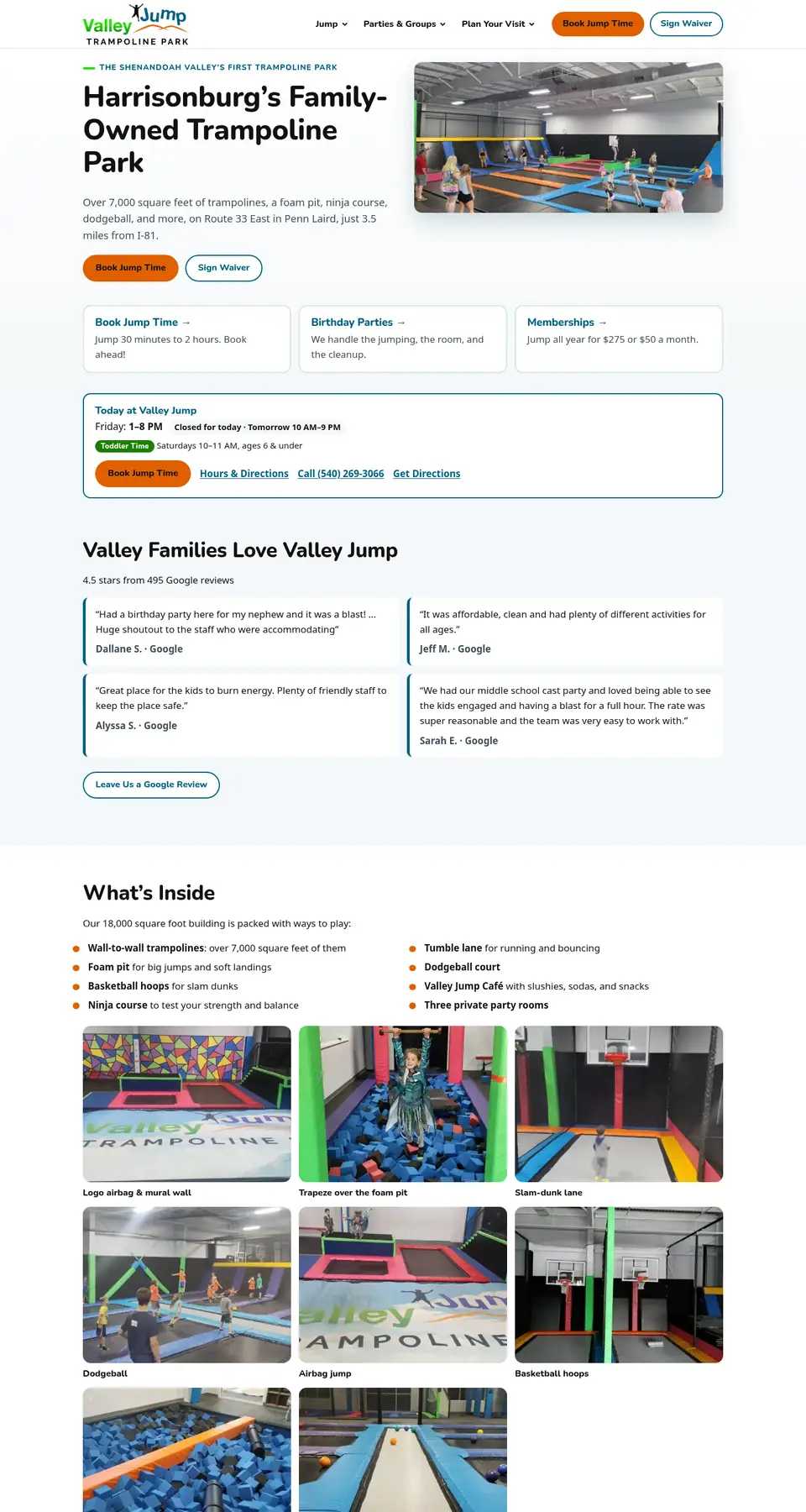 The Valley Jump Park website home page