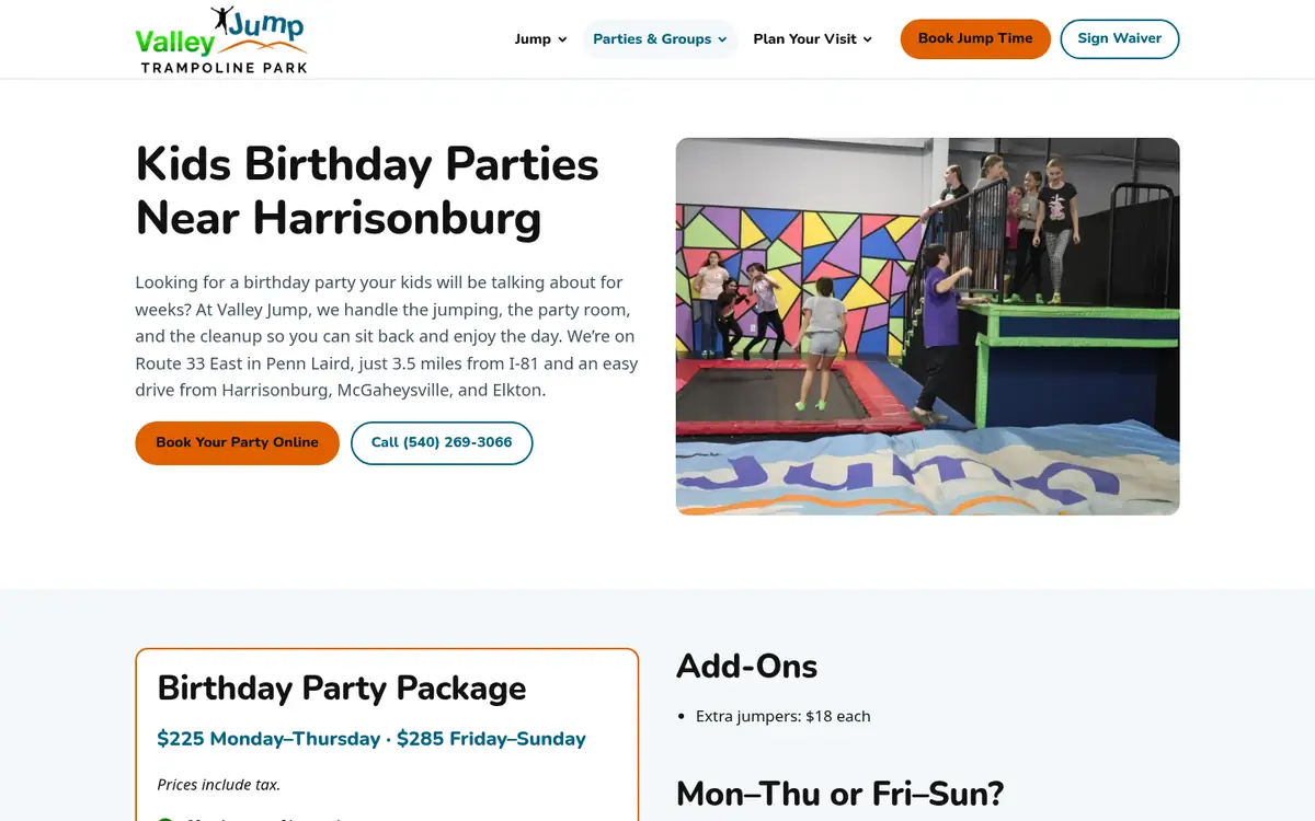 Birthday parties page on valleyjumppark.com