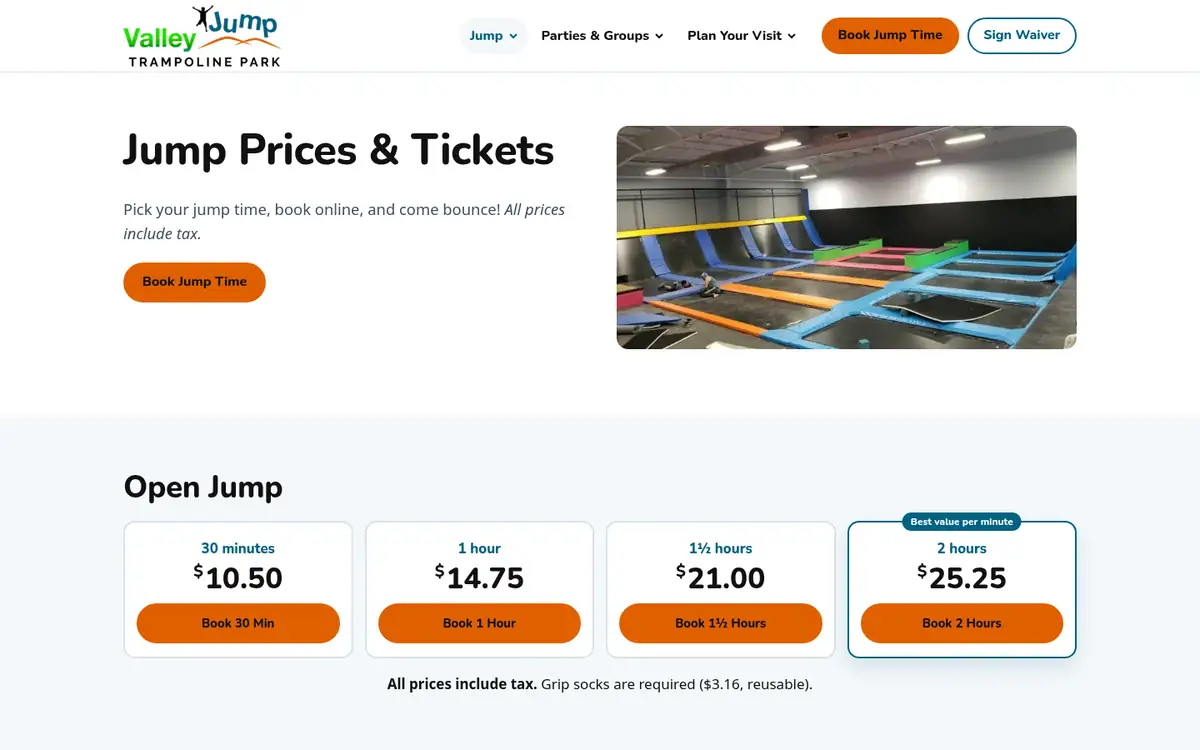 Jump prices and tickets, each linked to its Aluvii page on valleyjumppark.com